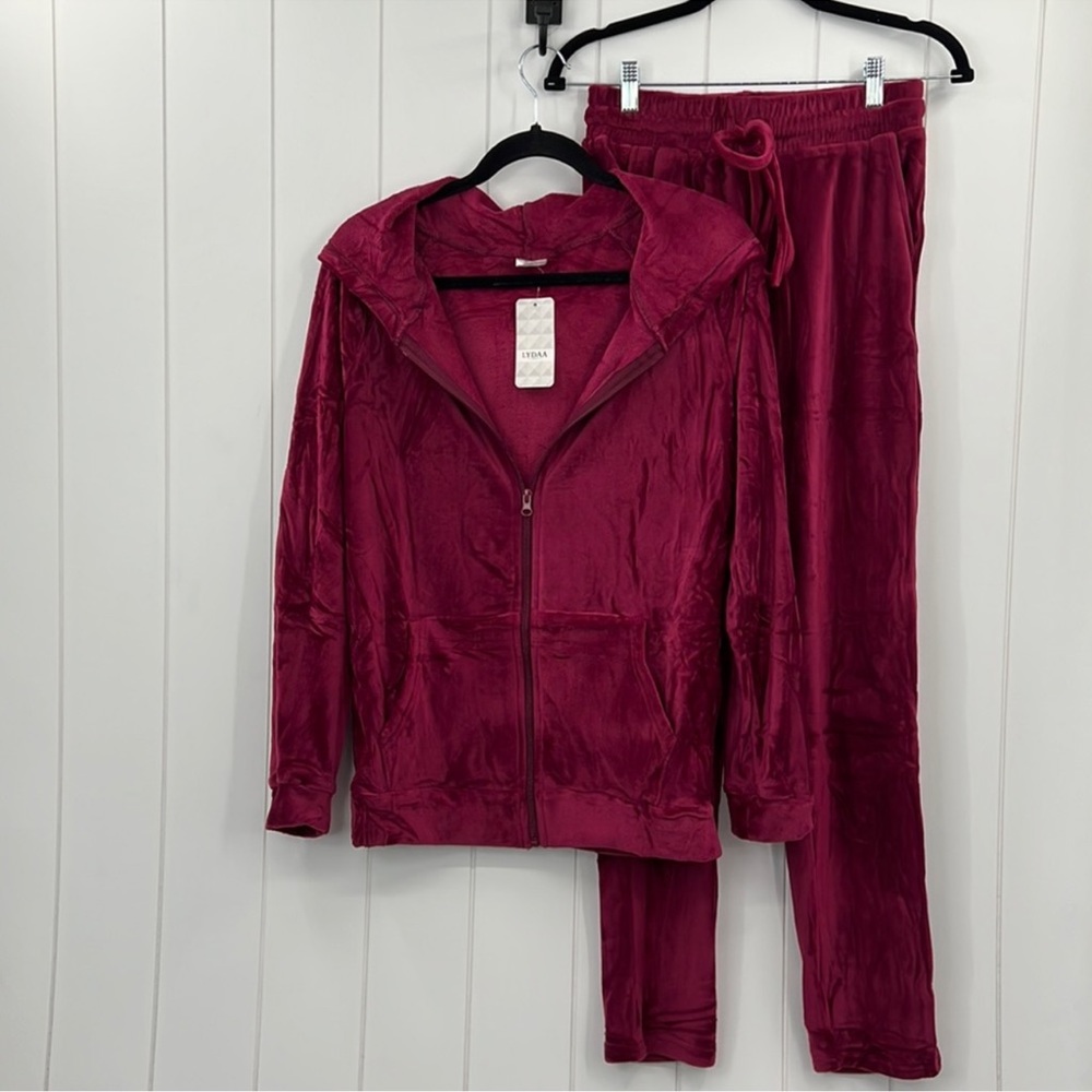 🆕Velvet Soft Burgundy Zip Sweatsuit Set HoodedJacket W/Pockets Size Large - Picture 5 of 9